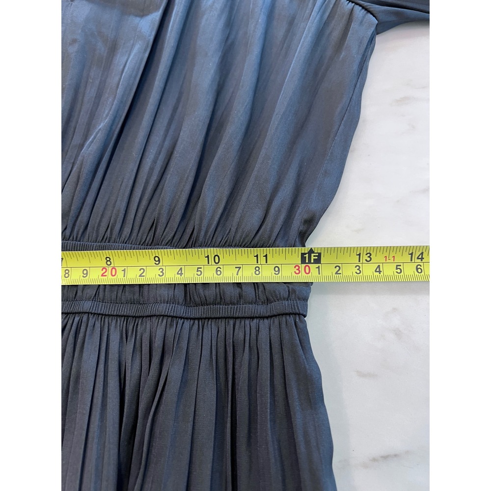 Black Pleated Satin Mini Dress XS Long Sleeve Tiered Ruffle Smocked Waist - Picture 6 of 8